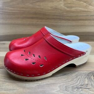 Women's Red Leather Clog Mules with Wood Sole